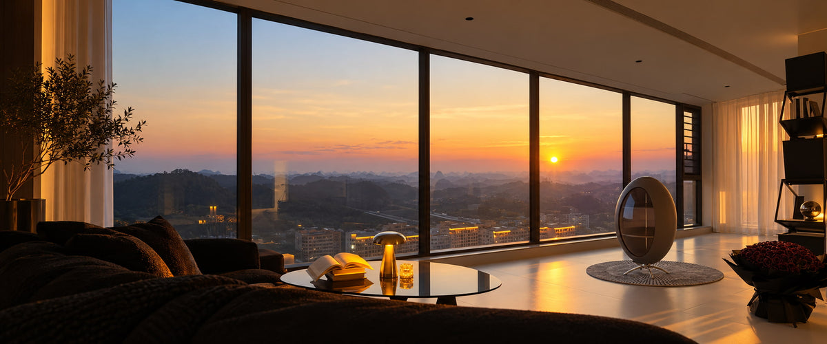 70s-inspired living room with retro lighting and space-age furniture at sunset