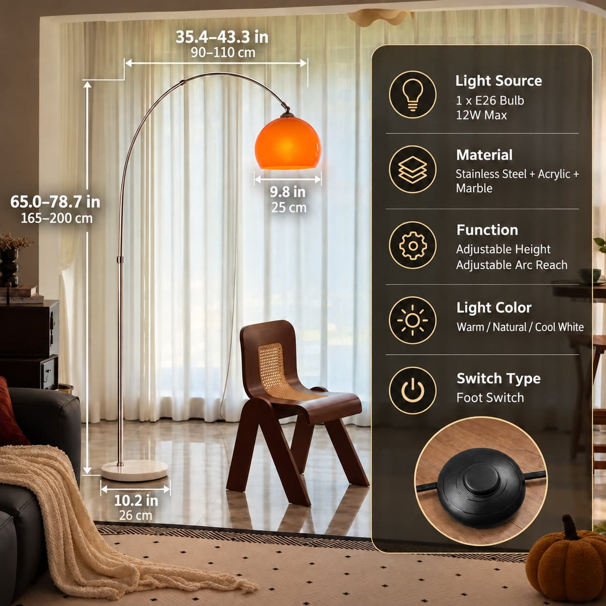 Orange Dome Arc Floor Lamp